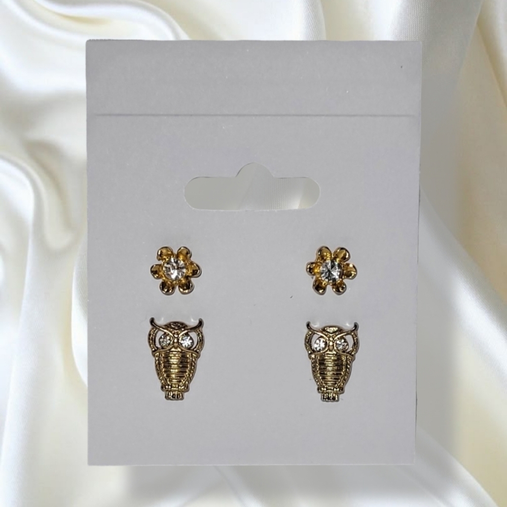 Owl and Flower Stud Earrings Set